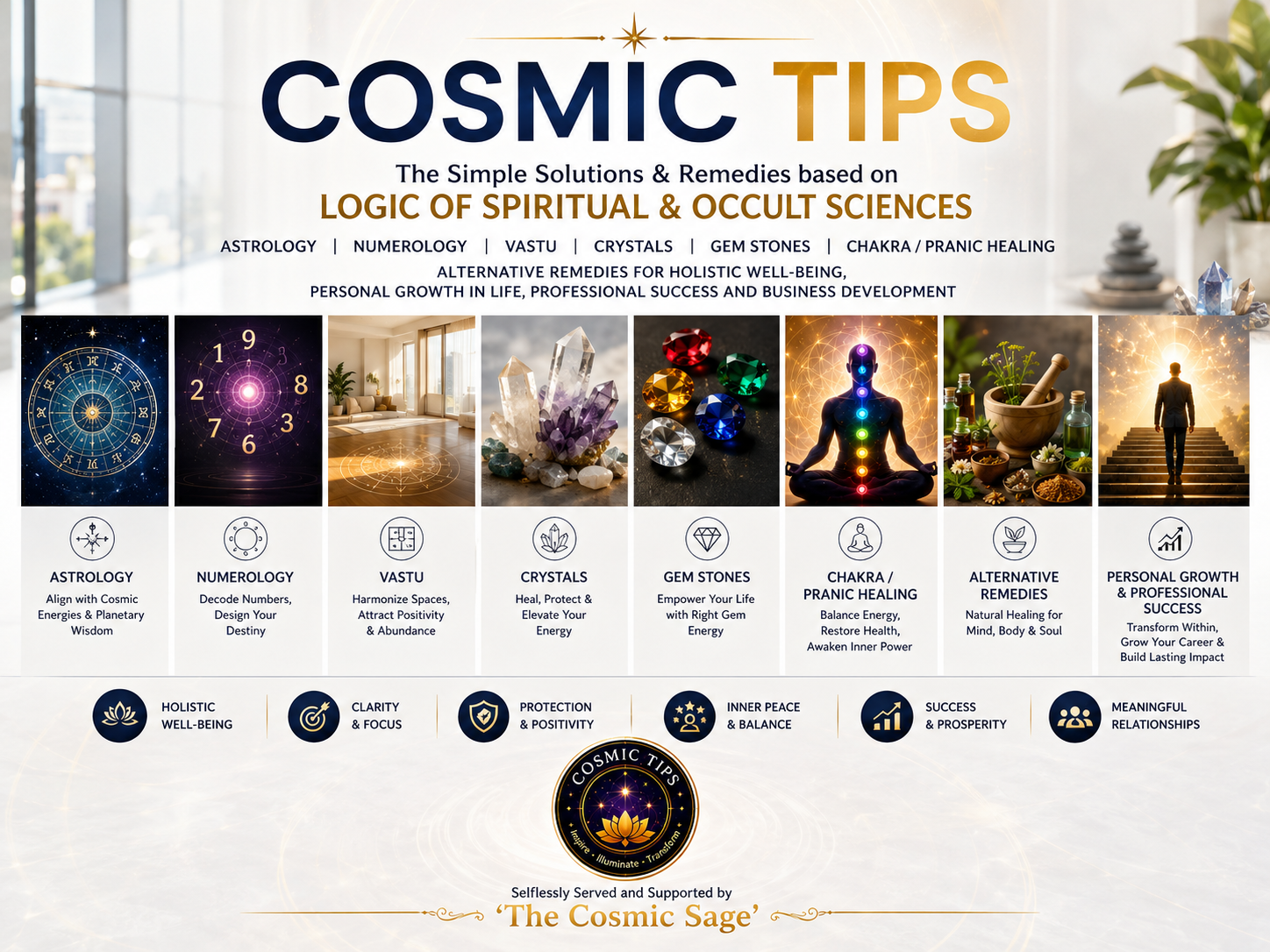 The Cosmic Sage presents The Cosmic Tips for 100x Life & 100x Work Practical remedies, services and Solutions from Astrology, Numerology, Vastu, Gems, Crystals, Chakra, Pranic Healing and Modern Authentic Spirituality